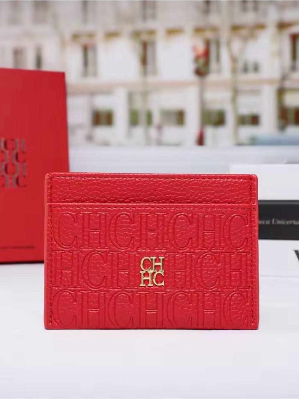 Luxury Red Leather Card Holder with Embossed Monogram & Gold Hardware | Elegant